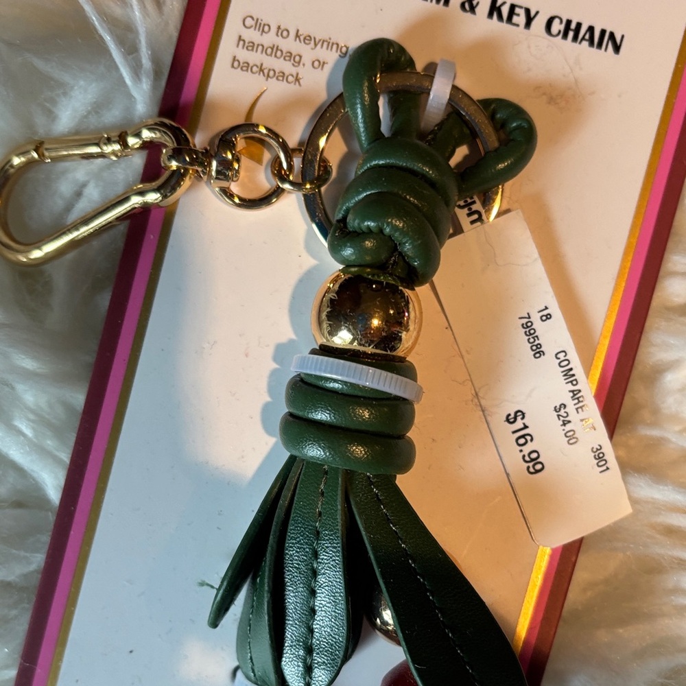 Piper K Floral Leather Tassel Bag Charm in Green and Red with Gold Hardware - Picture 3 of 3